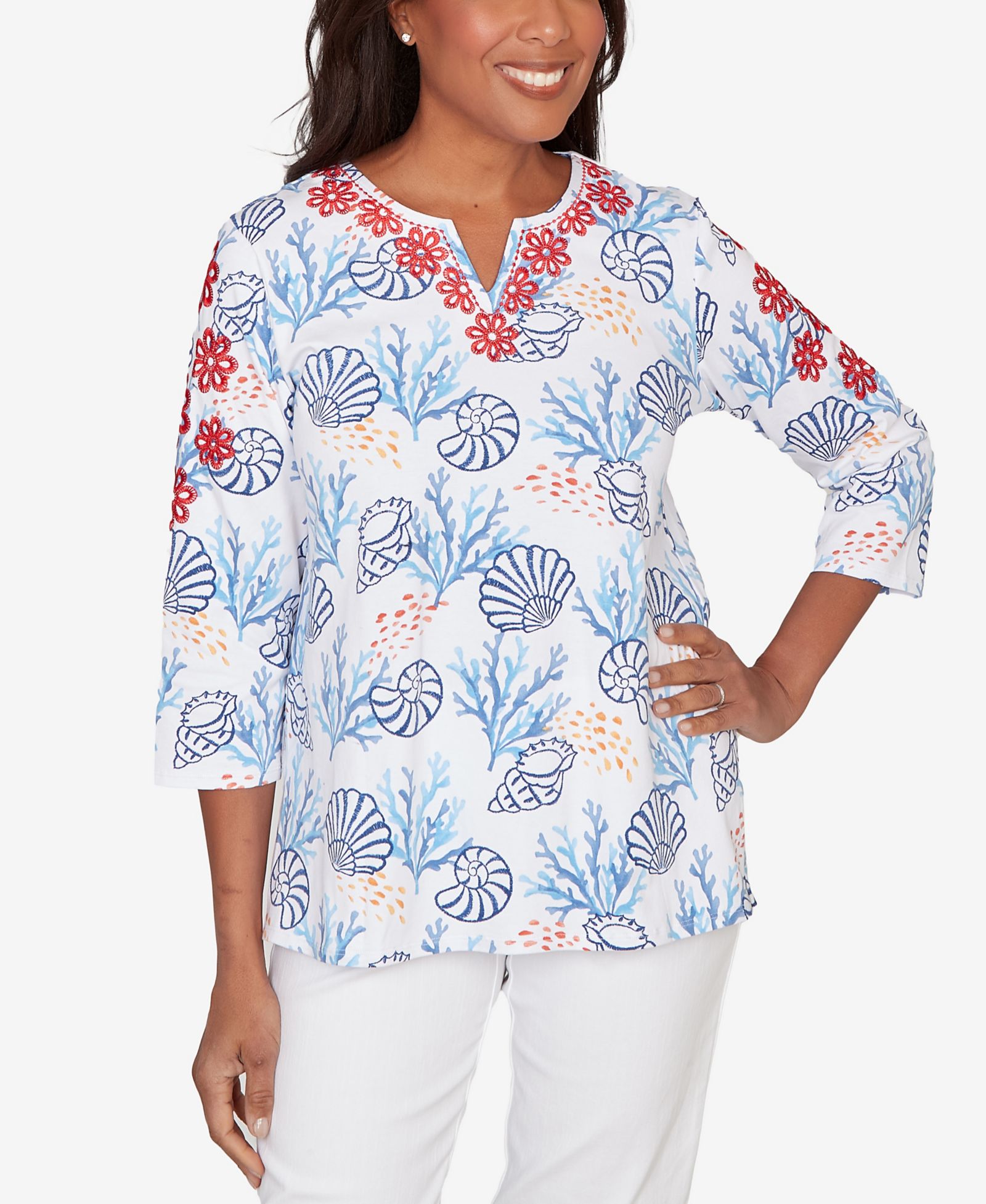 Верх Alfred Dunner Women's Port Side с принтом ракушек и вышивкой