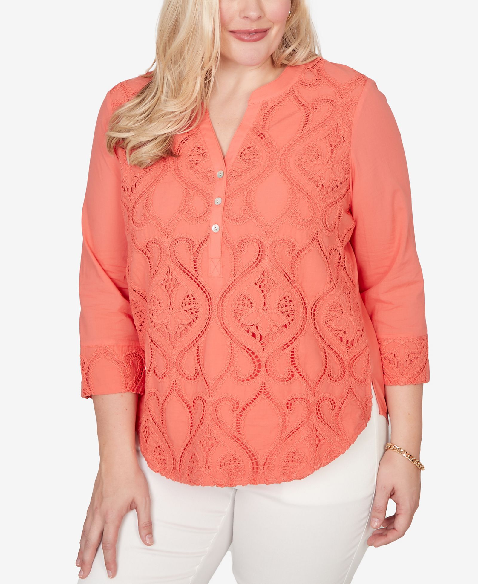 Женский топ Alfred Dunner Women's Resort Living Textured Lace Scroll Henley