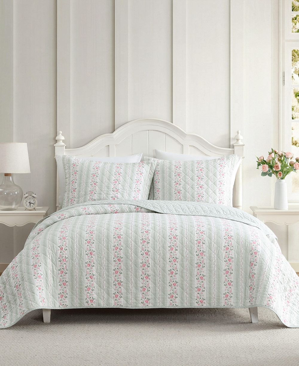 Laura Ashley Rosebud Stripe Reversible 3-Pc. Quilt Set, King