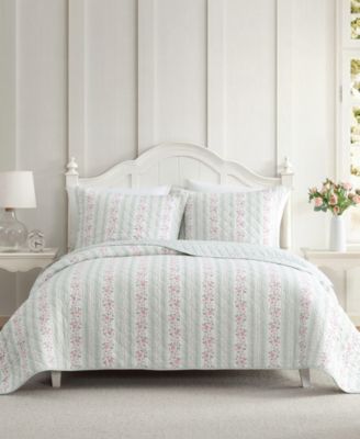 Laura Ashley Rosebud Stripe Reversible 3-Pc. Quilt Set, King