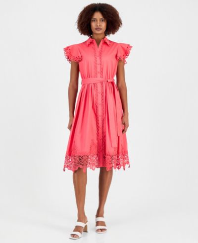 Женское платье T Tahari Women's Lace-Trim Flutter-Sleeve Shirtdress