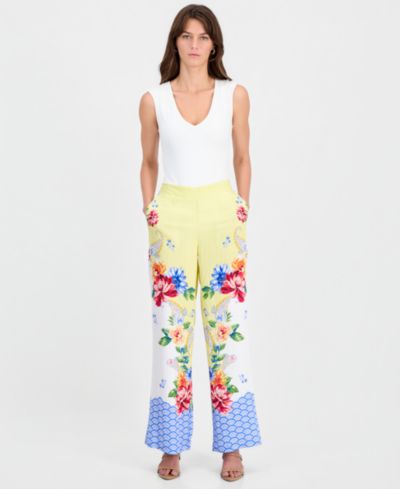 T Tahari Women's Mixed-Print Wide-Leg Pull-On Pants