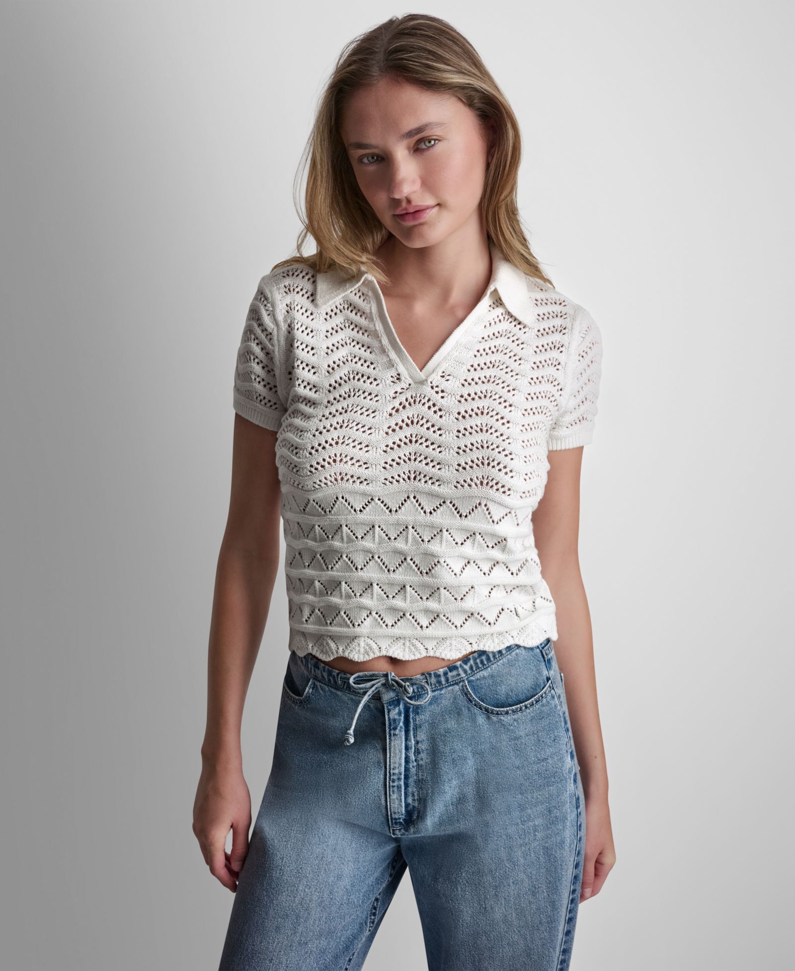DKNY Jeans Petite Short-Sleeve V-Neck Polo Pointelle Sweater