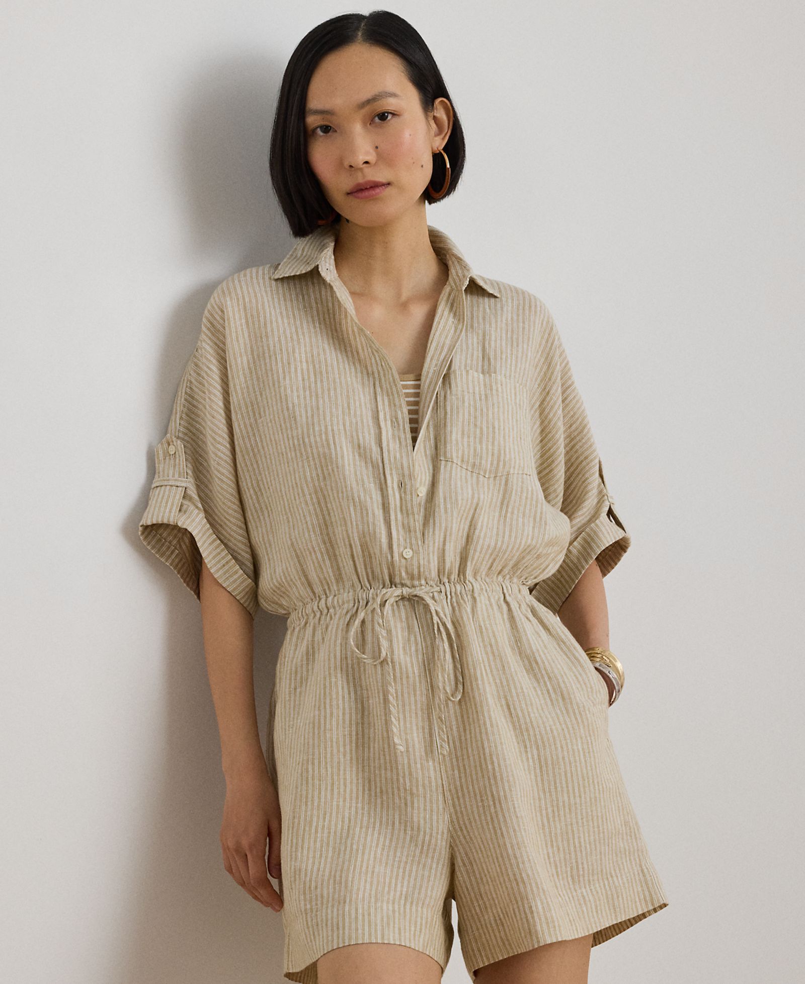 Lauren Ralph Lauren Petite Striped Linen Roll-Tab-Sleeve Romper