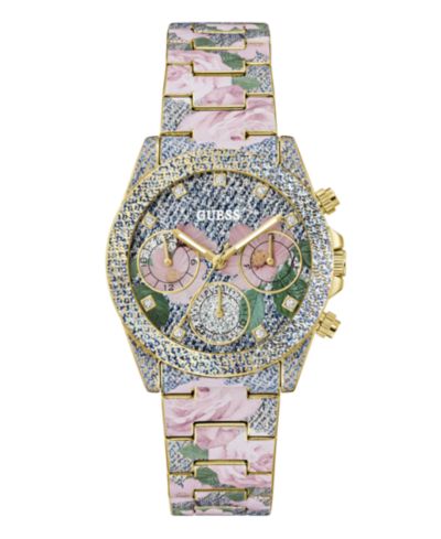 GUESS Women's Floral Print Stainless Steel Multi-Function Watch, 38mm