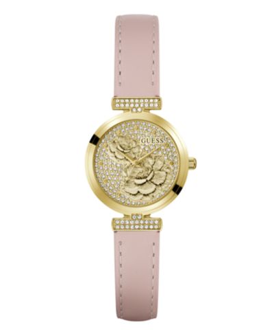 GUESS Women's Gold-Tone Stainless Steel Pink Leather Analog Watch, 28mm