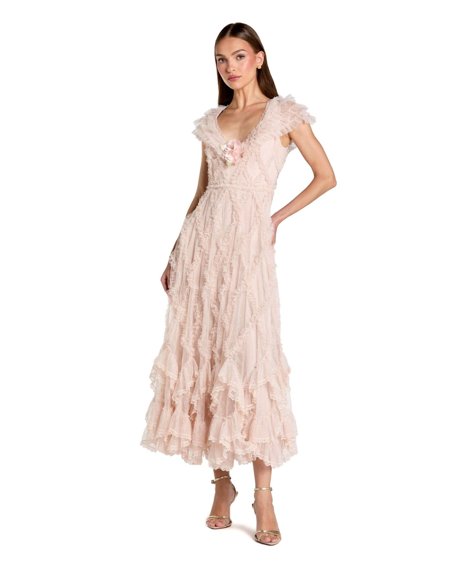 Платье Mac Duggal Women's Micro Ruffle Cap Sleeve A-Line Midi