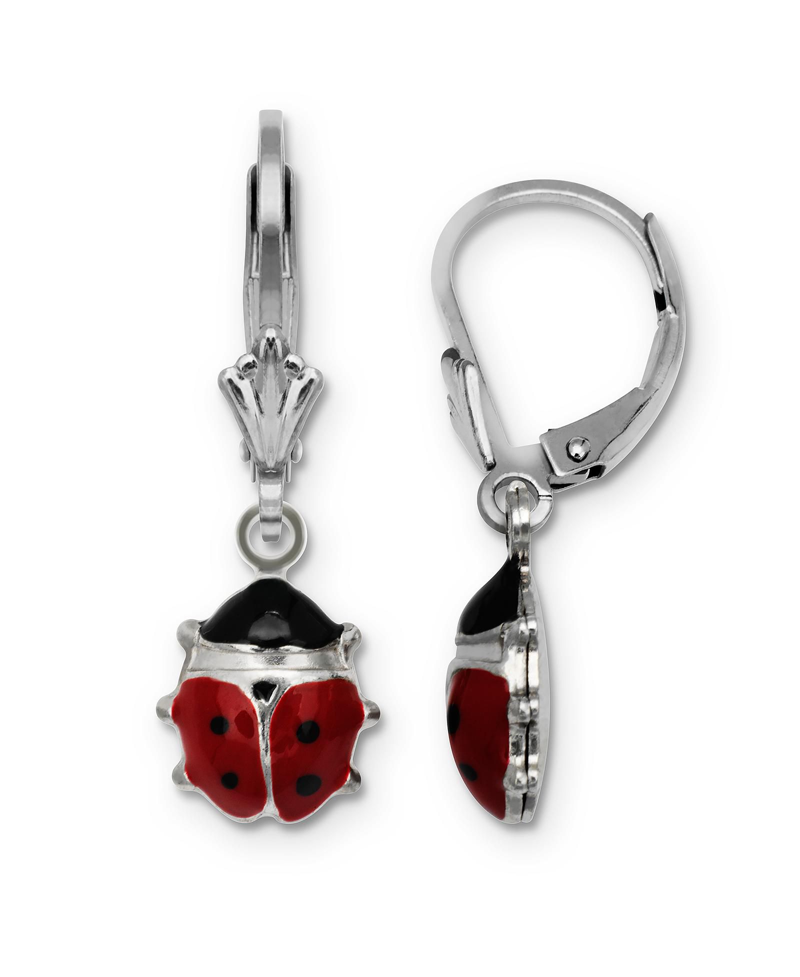 Curata Jewelry Sterling Silver Rhodium-plated Red Enamel Lady Bug Lever Back Earrings