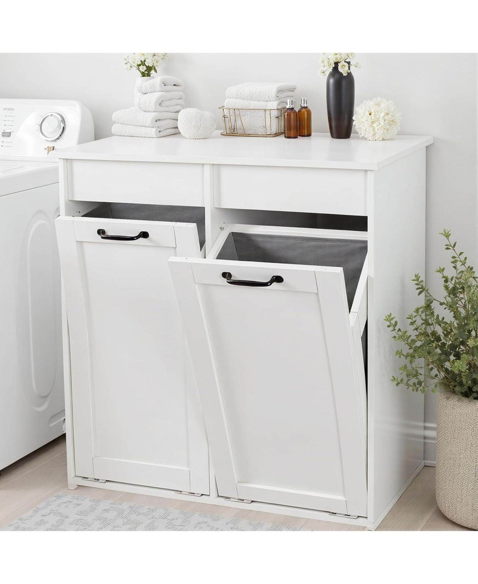 RAINSKEN Laundry Hamper Cabinet - Pull-Out Bathroom Storage Unit with 2 Removable Liner Bag for Easy Sorting & Storage, Perfect for Small Spaces