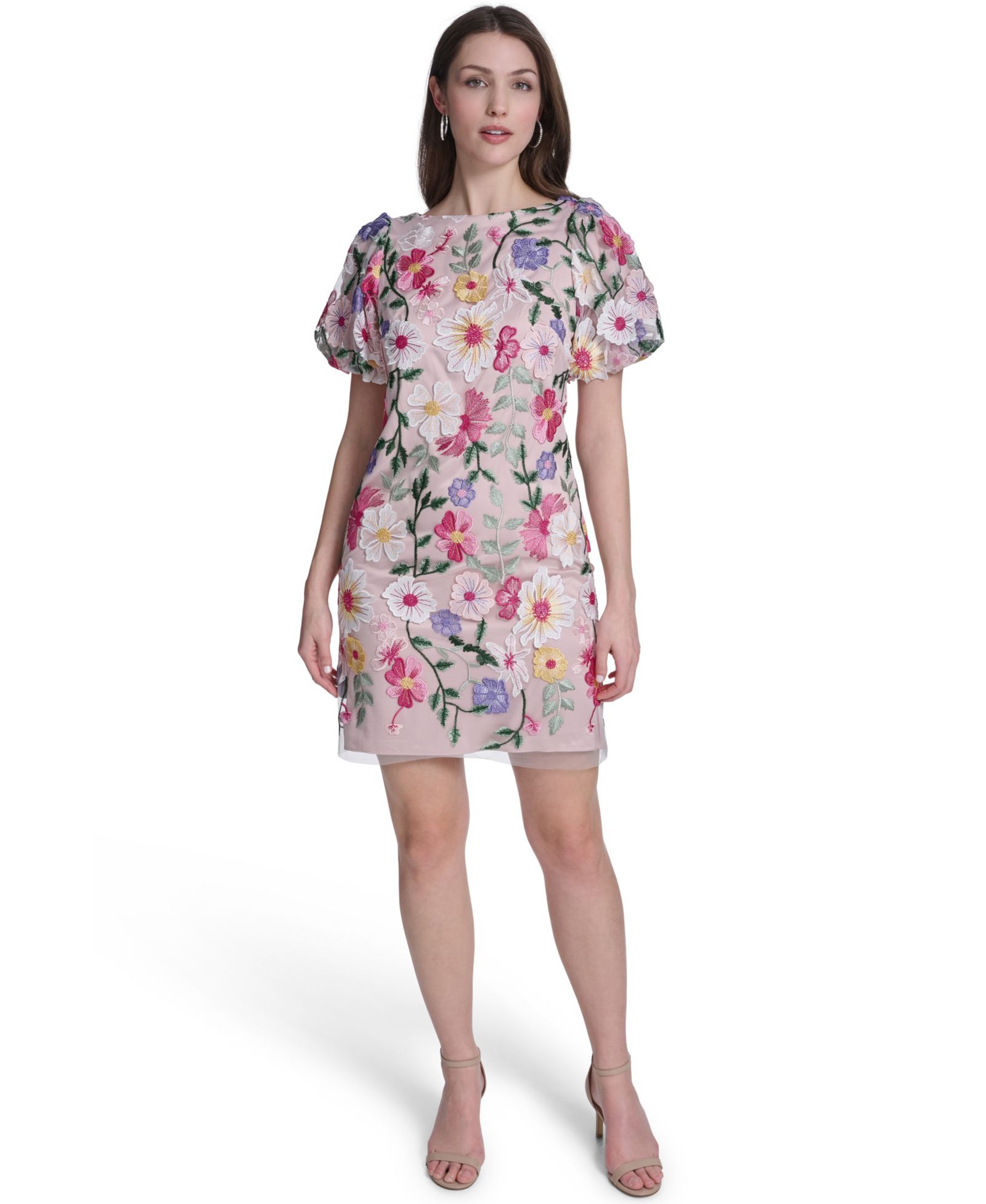 Платье Eliza J Petite Boat Neck Floral Embroidered Mesh