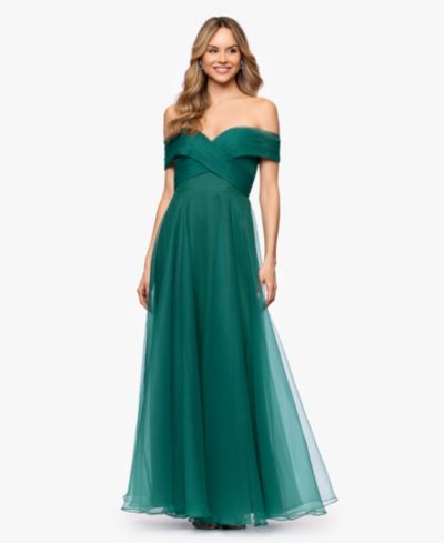 Betsy & Adam Petite Mesh Off-The-Shoulder Ball Gown