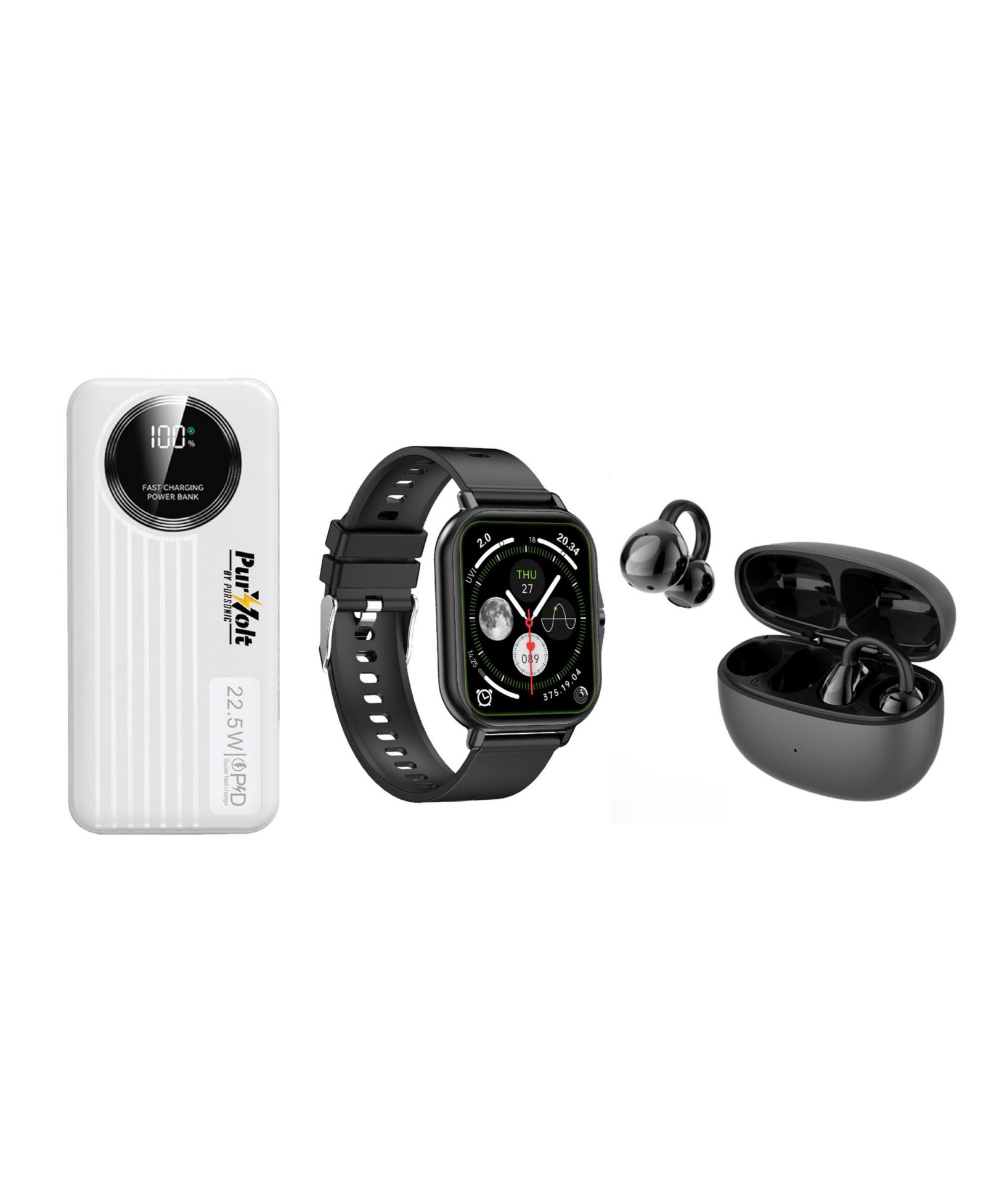 PURSONIC Ultimate Mobile Essentials Bundle - Smart Watch, 10,000mAh Power Bank & True Wireless Earbuds