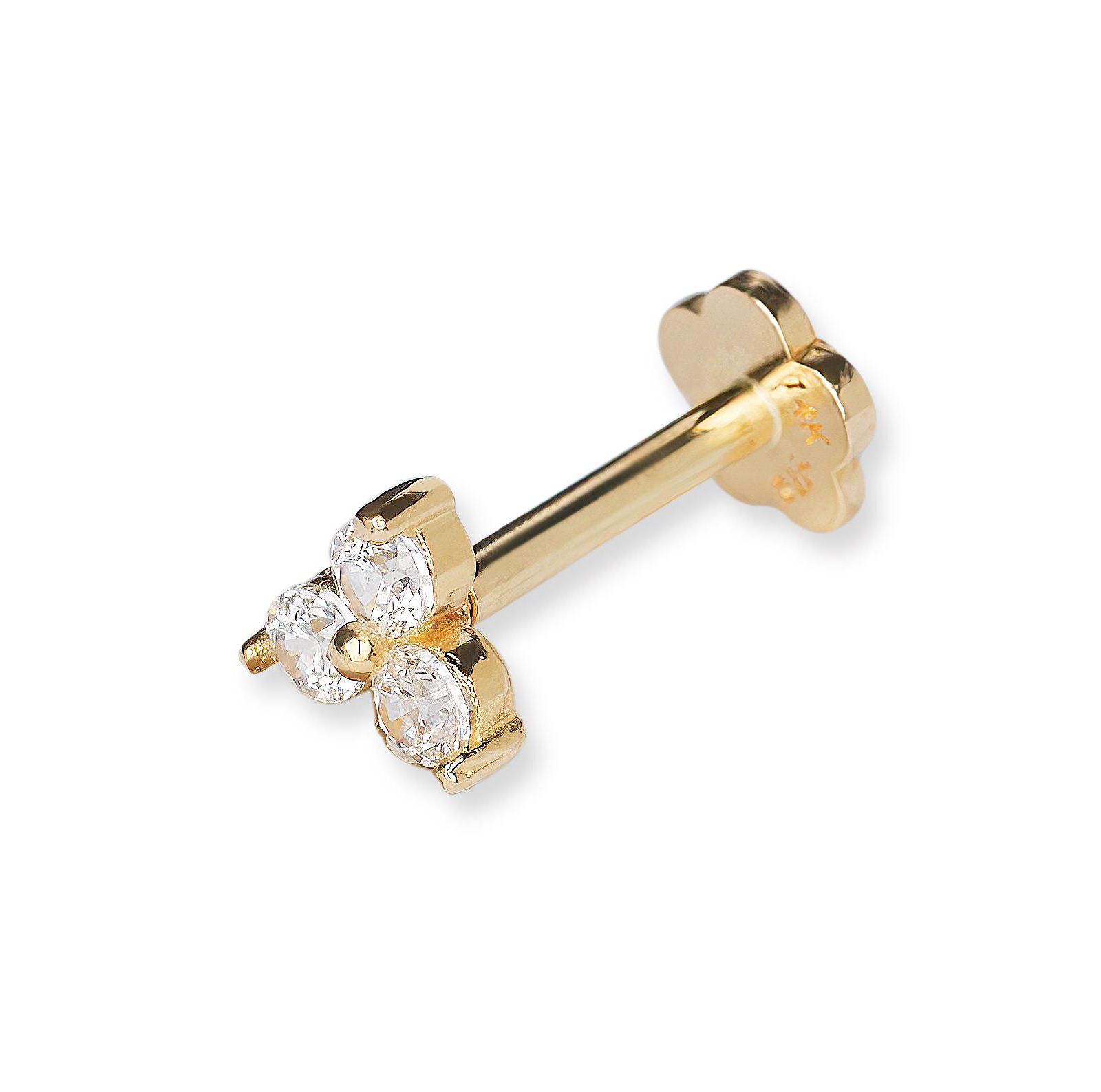 Curata Jewelry Solid 14k Gold 18G Cubic Zirconia Trinity 3-Stone Cartilage Labret Flat-back Piercing