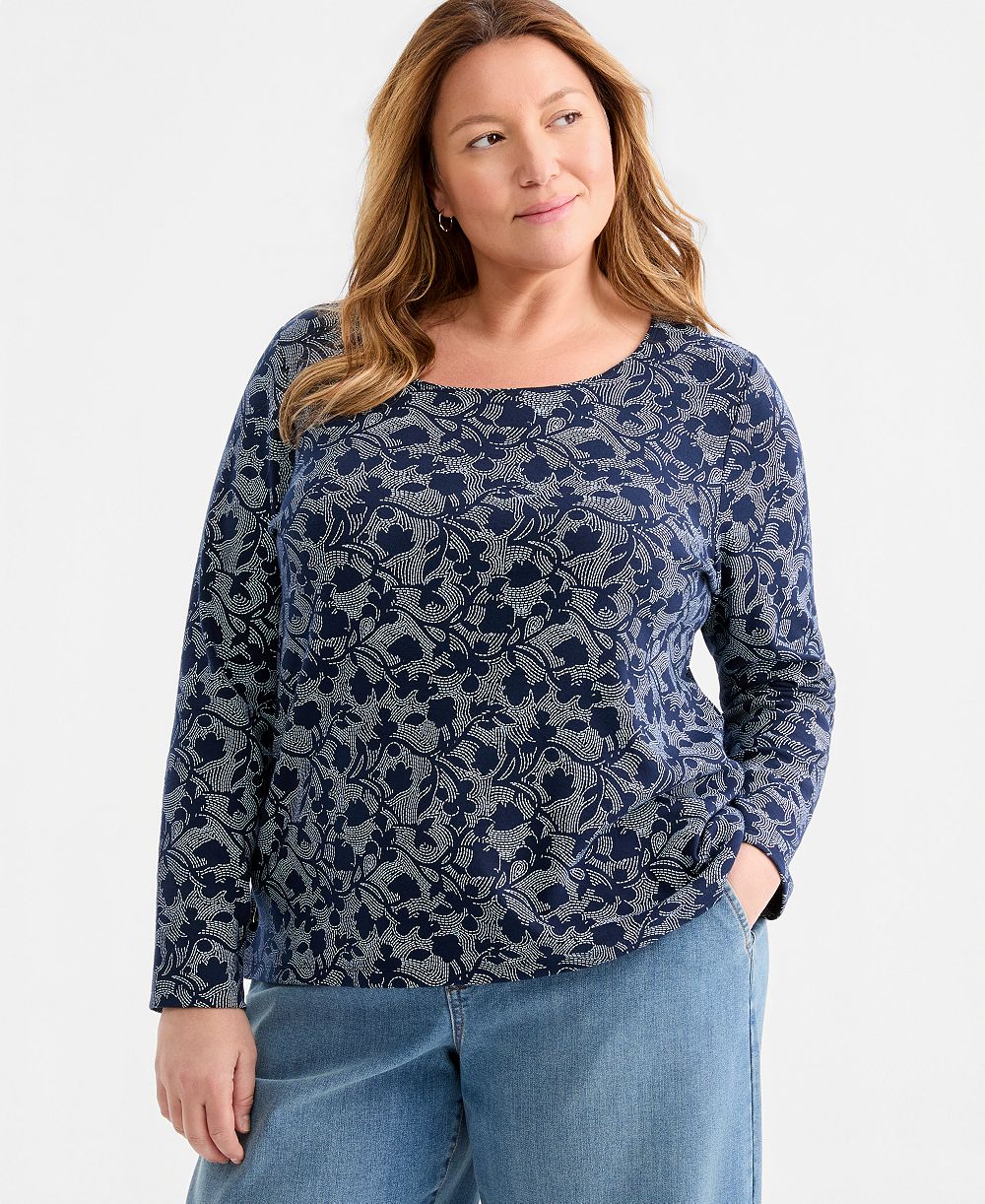 Женский топ Style & Co Plus Size с принтом и длинным рукавом и вырезом лодочкой