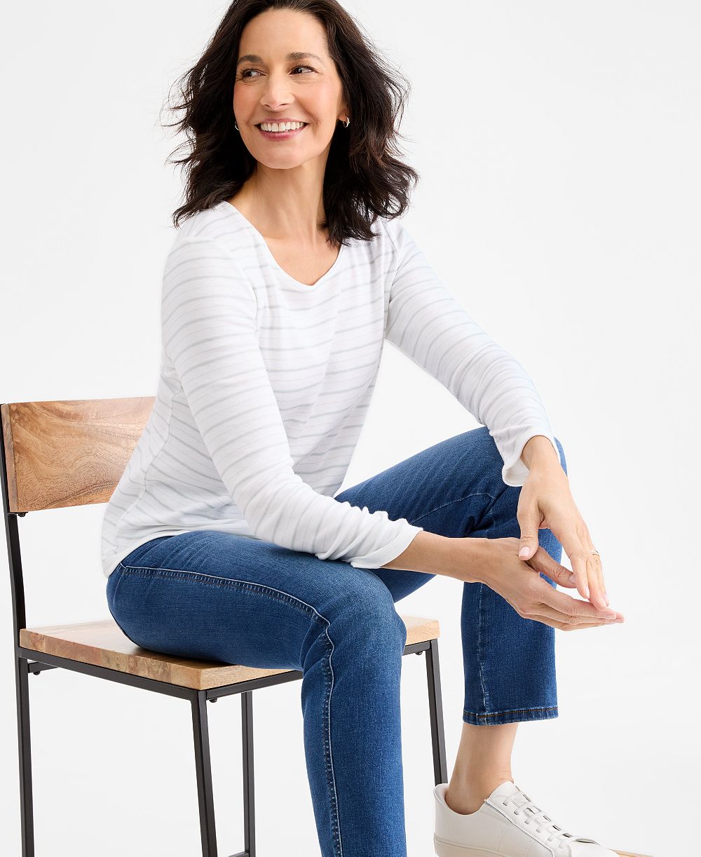 Style & Co Petite Cotton-Blend Scoop Neck Long-Sleeve Double-Stripe T-Shirt, Macy's Exclusive