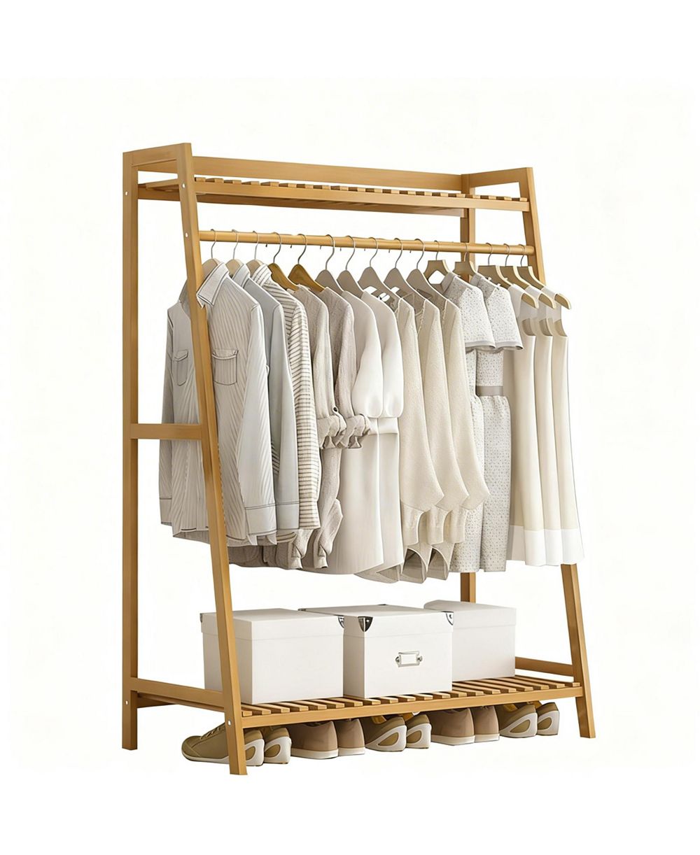 YIGII Bamboo Garment Rack with Hanging Rod and Hooks for Organized Storage