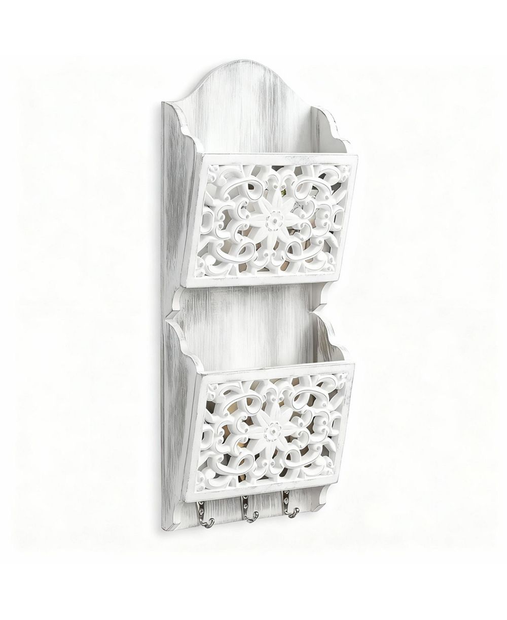 Wooden Mail Rack with 2 Slots & 3 Hooks for Keys and Accessories
