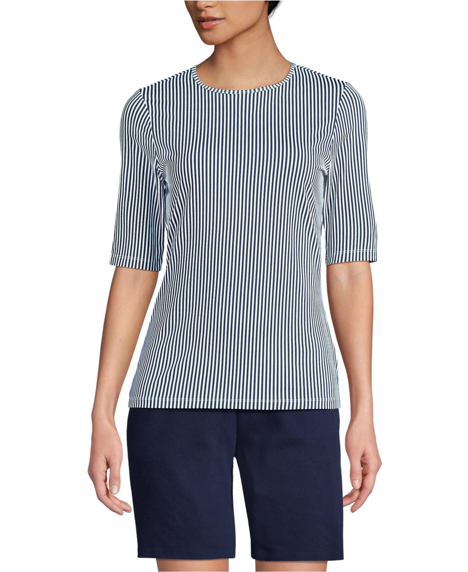 Lands' End Women's Elbow Sleeve Crewneck Garden Tee- Sunshade UPF 50 Quick Dry