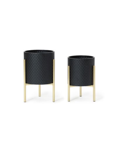 LuxenHome 2-Piece Diamond Pattern Round Metal Cachepot Planter Set