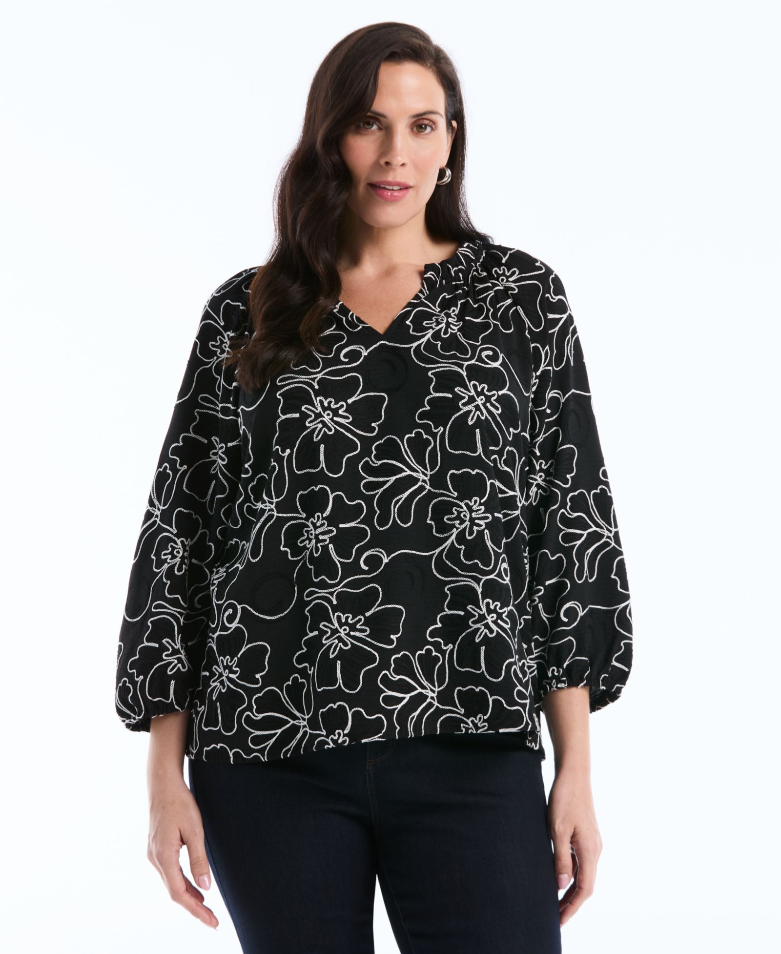 Rafaella Plus Size Floral Embroidered 3/4-Sleeve Blouse