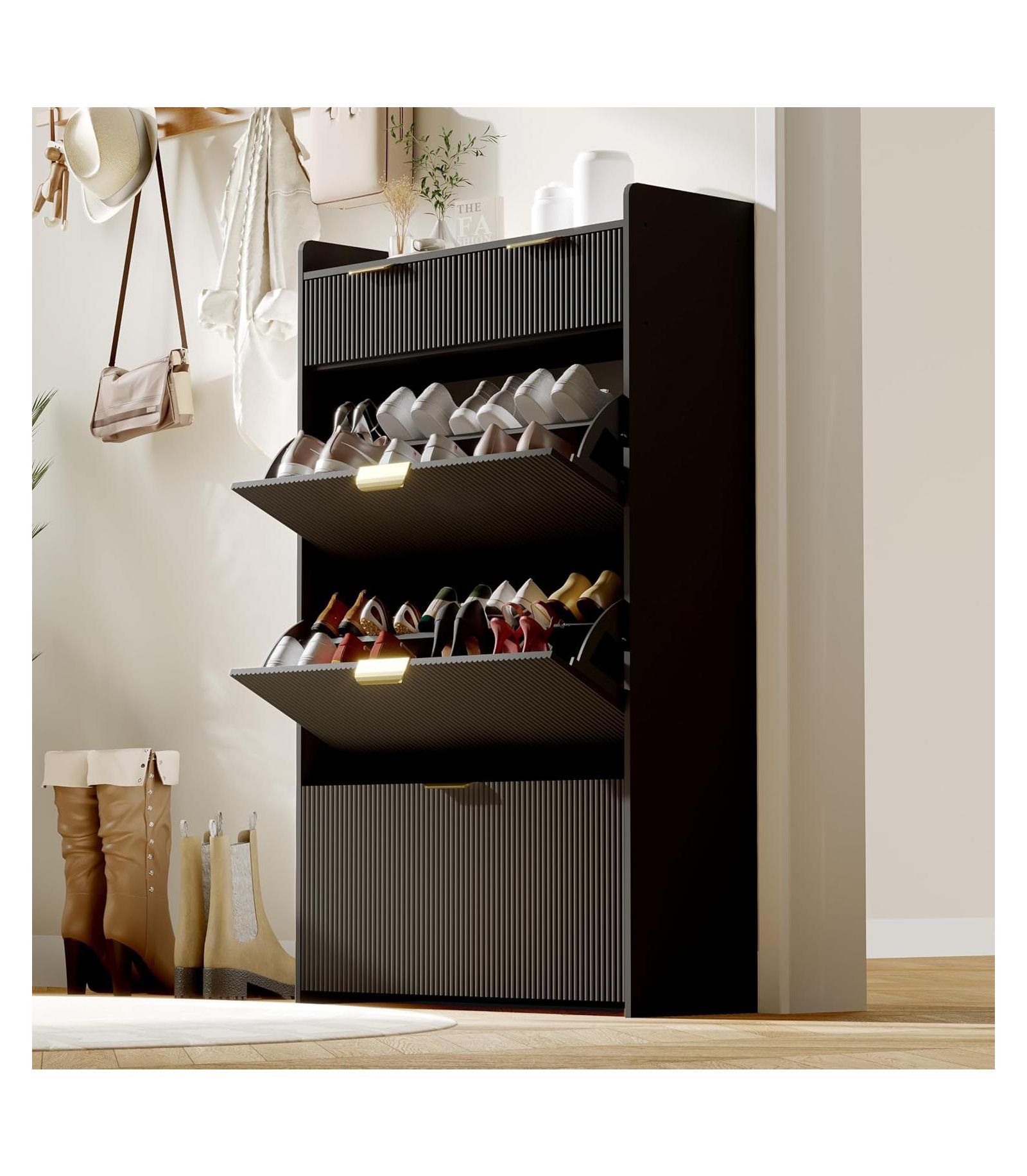 gaomon Modern Fluted Entryway Shoe Cabinet - 3 Flip Drawers 2 Small Drawers + Hook Slim Organizer