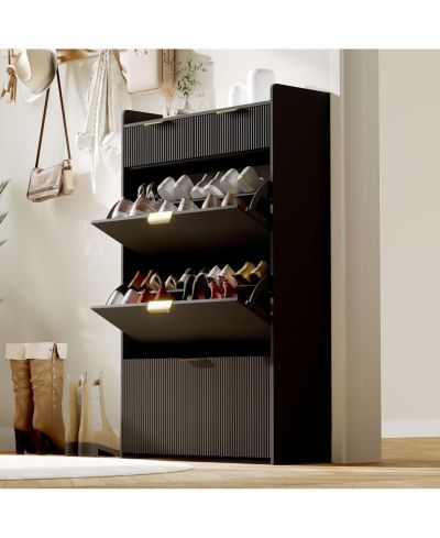 gaomon Modern Fluted Entryway Shoe Cabinet - 3 Flip Drawers 2 Small Drawers + Hook Slim Organizer