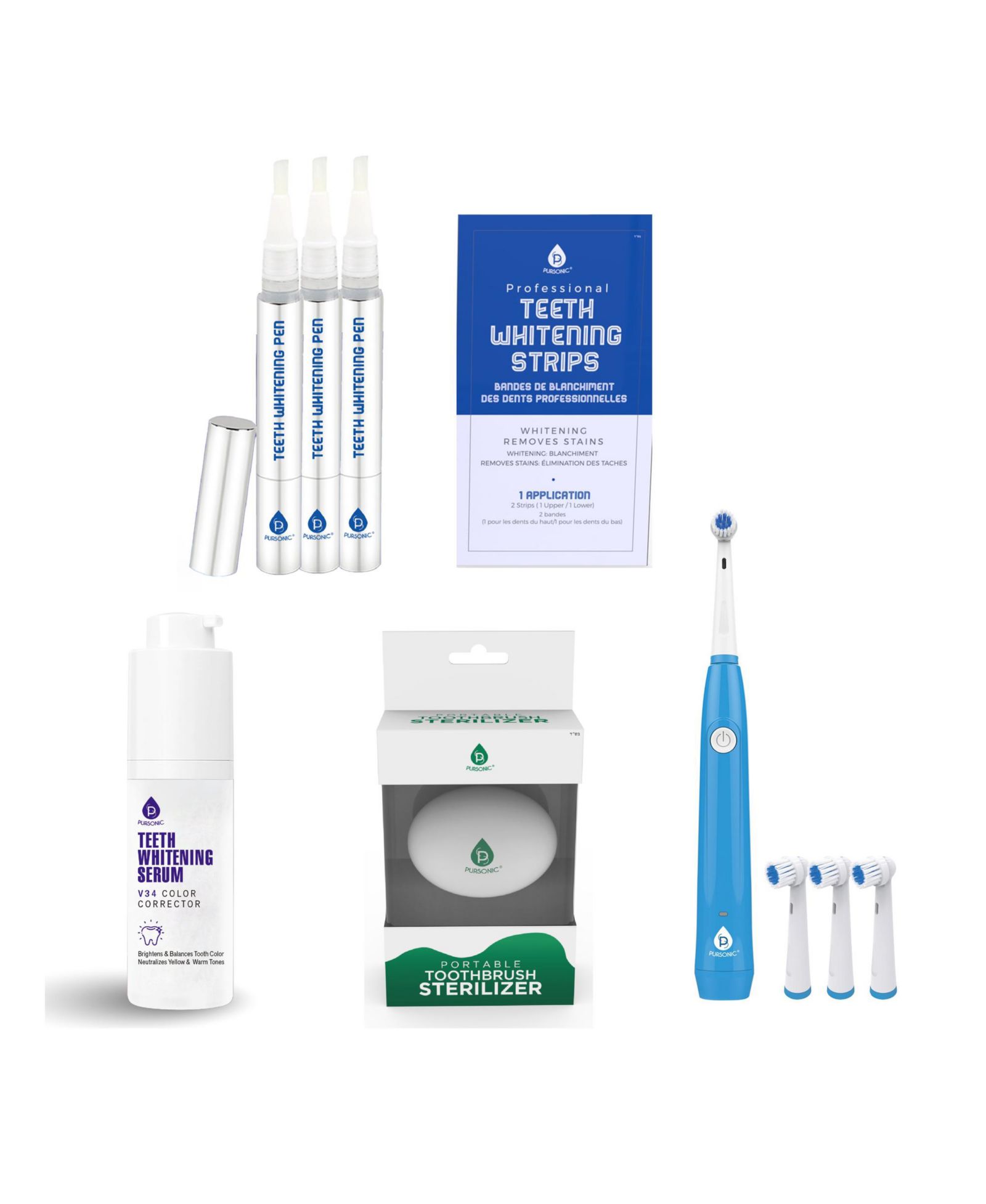 Pursonic Ultimate Smile Brightening Kit: Rotary Electric Toothbrush, UV Sterilizer, V34 Serum, Whitening Strips, & Pens