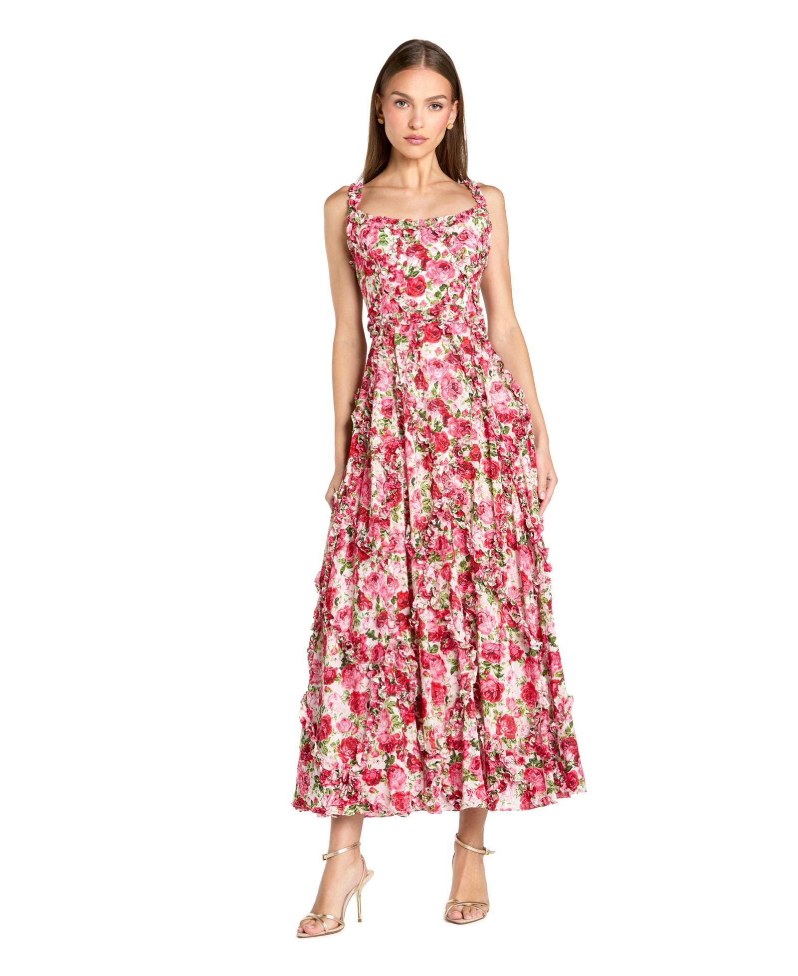 Женское платье Mac Duggal Petite Floral из хлопка с рюшами и квадратным вырезом