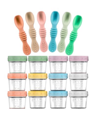 Sperric Набор из 12 стеклянных баночек для детского питания с крышками и 6 силиконовых ложек для самоприкорма, без БФА, герметичные, для заморозки