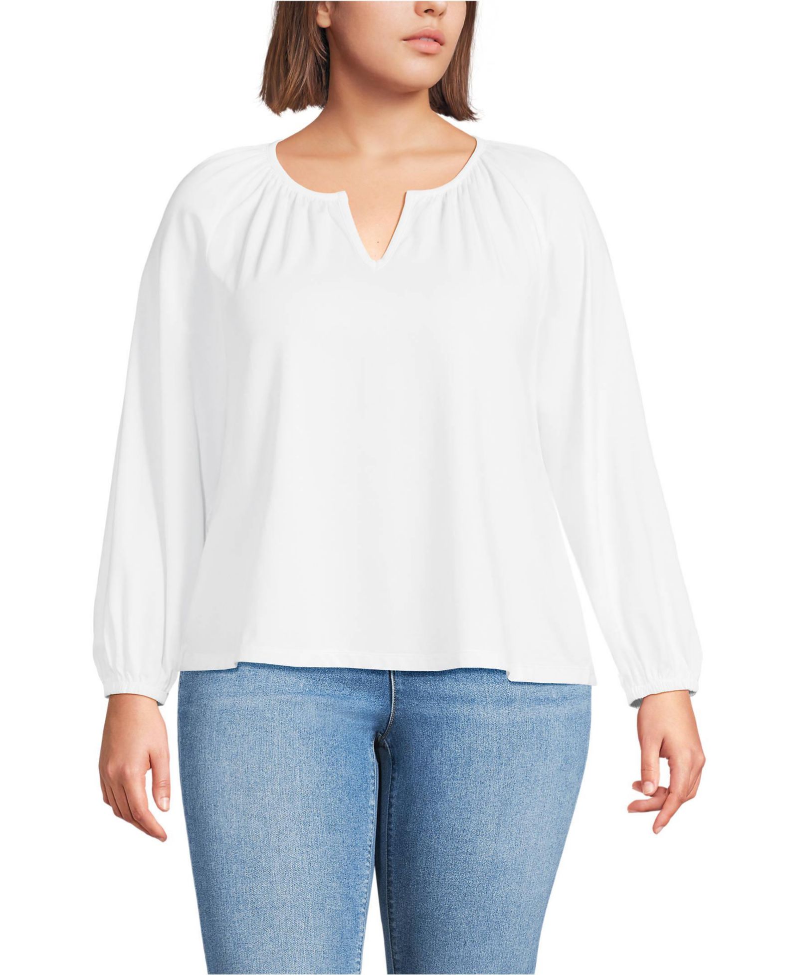 Lands' End Plus Size Lightweight Jersey 3/4 Sleeve Notch Neck Gather Blouse