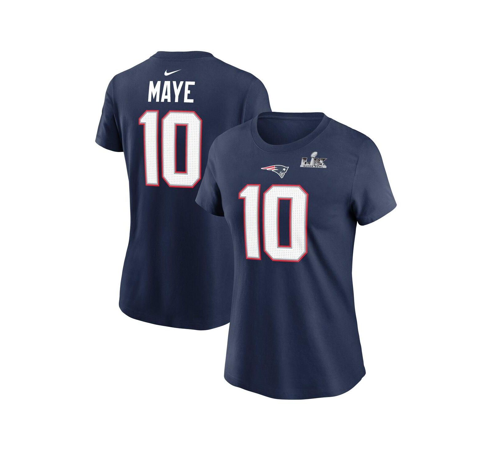 Nike Women's Drake Maye Navy New England Patriots Super Bowl LX Patch Name & Number T-Shirt