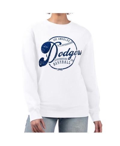 G-III 4Her by Carl Banks Women's White Los Angeles Dodgers Distressed Baseball Team Fleece Pullover Sweatshirt