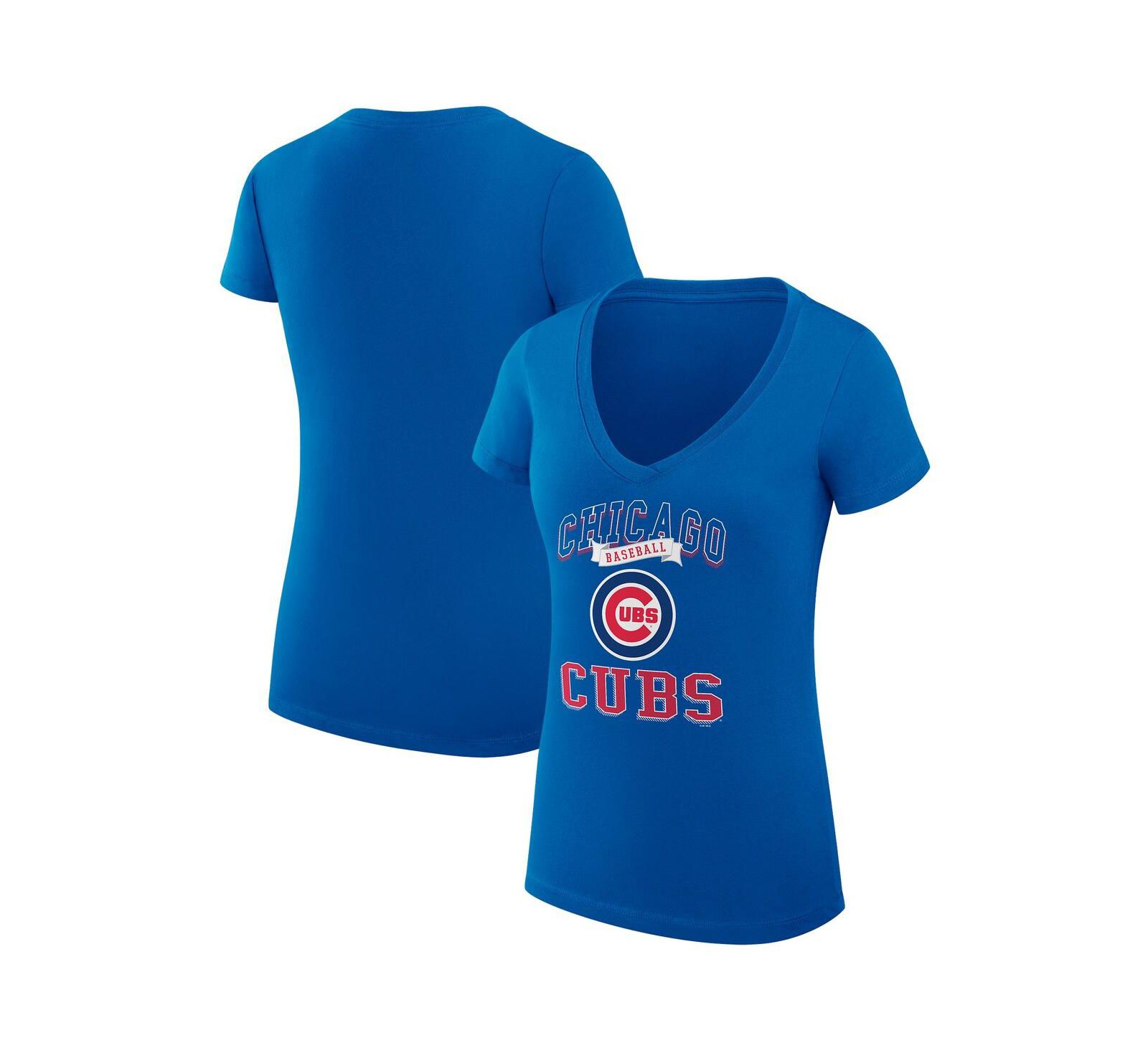 G-III 4Her by Carl Banks Women's Royal Chicago Cubs Super-Slim Fit Lightweight Team Logo Graphic V-Neck T-Shirt