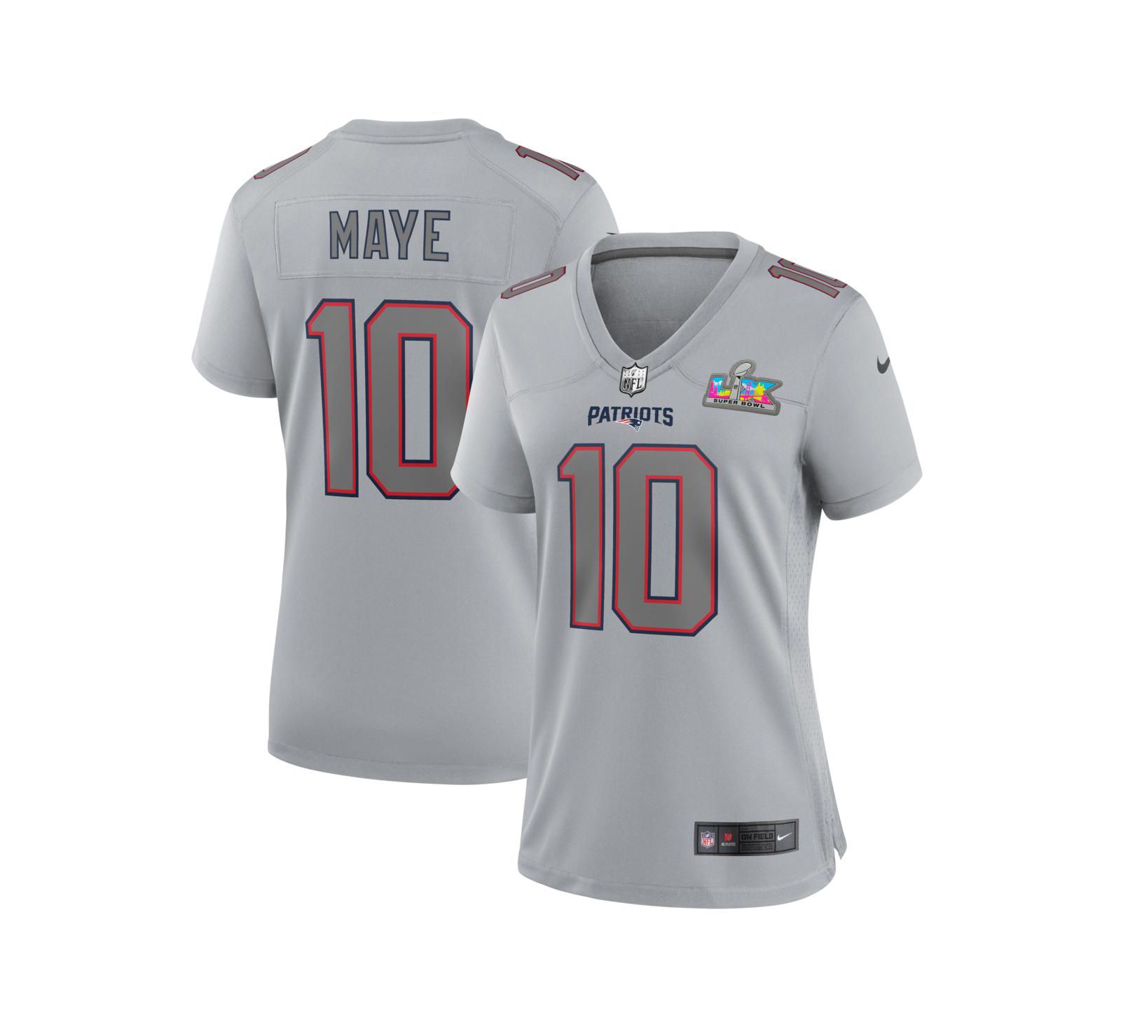 Nike Women's Drake Maye Silver New England Patriots Super Bowl LX Patch Atmosphere Fashion Game Jersey