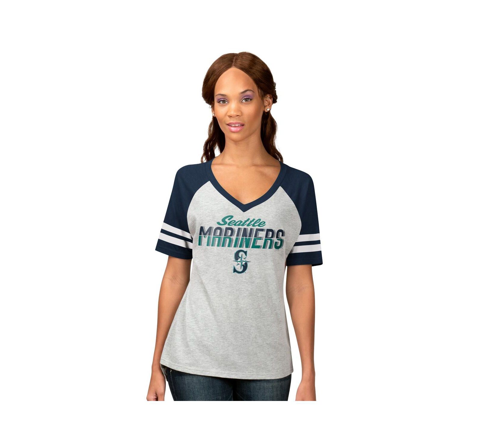 G-III 4Her by Carl Banks Women's Heather Gray Seattle Mariners Goal Line Raglan V-Neck T-Shirt