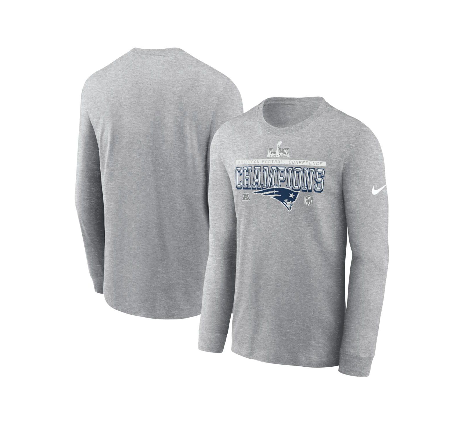 Nike Мужская футболка с длинным рукавом New England Patriots 2025 AFC Champions Locker Room Trophy Collection Heather Gray
