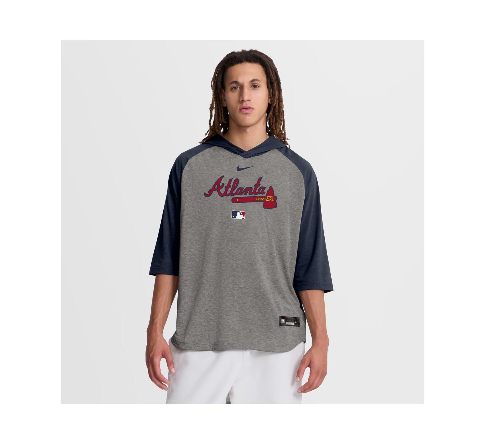 Nike Men's Gray Atlanta Braves Authentic Collection Flux Dri-FIT Raglan 3/4-Sleeve Hooded T-Shirt