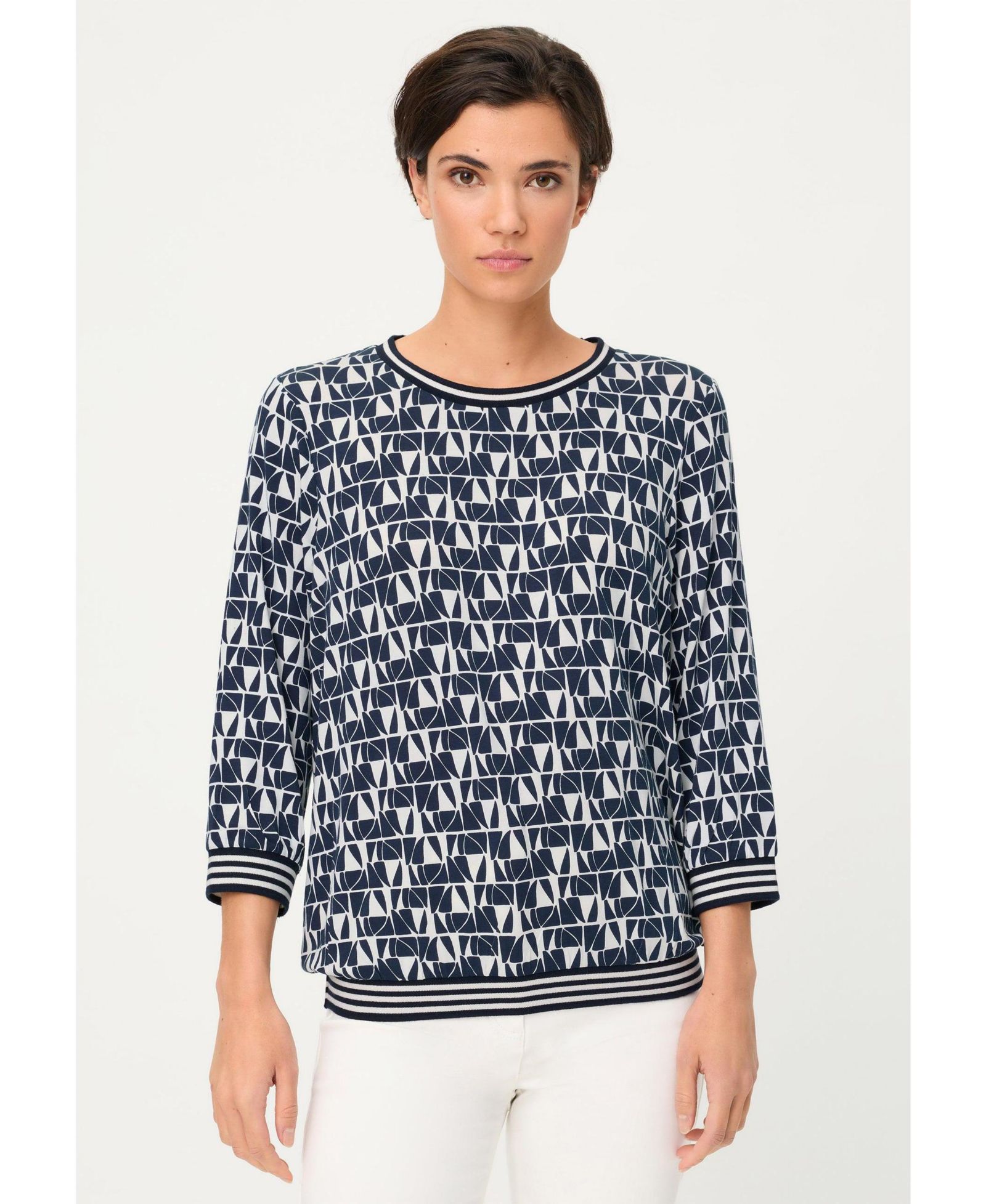 Olsen Women's Allover Geo Print T-Shirt with Stripe Trim