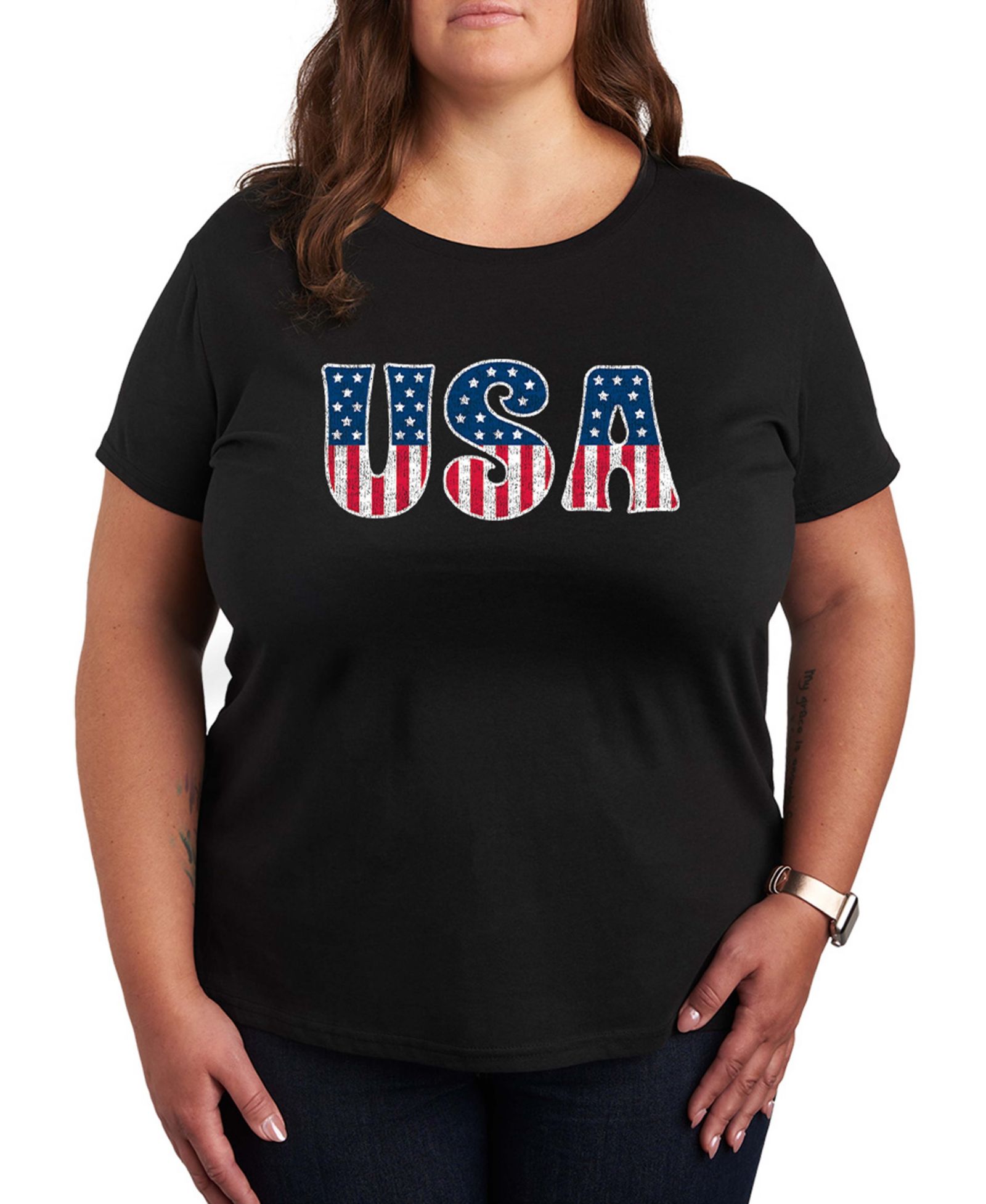 Hybrid Apparel Plus Size Instant Message USA Flag Fill Graphic Crewneck T-Shirt