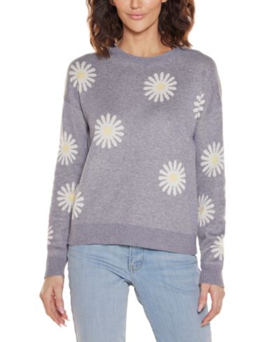 Belldini Women's Jacquard Flower Crew Neck Sweater