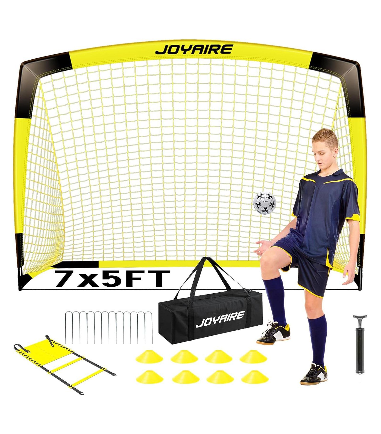 JOYAIRE Pro-Grade Kids Backyard Soccer Goal, Tear-Resistant 5-Layer Polyester Net & 10mm Poles, 7x5ft Portable Pop Up Training Set with Size 4 Ball
