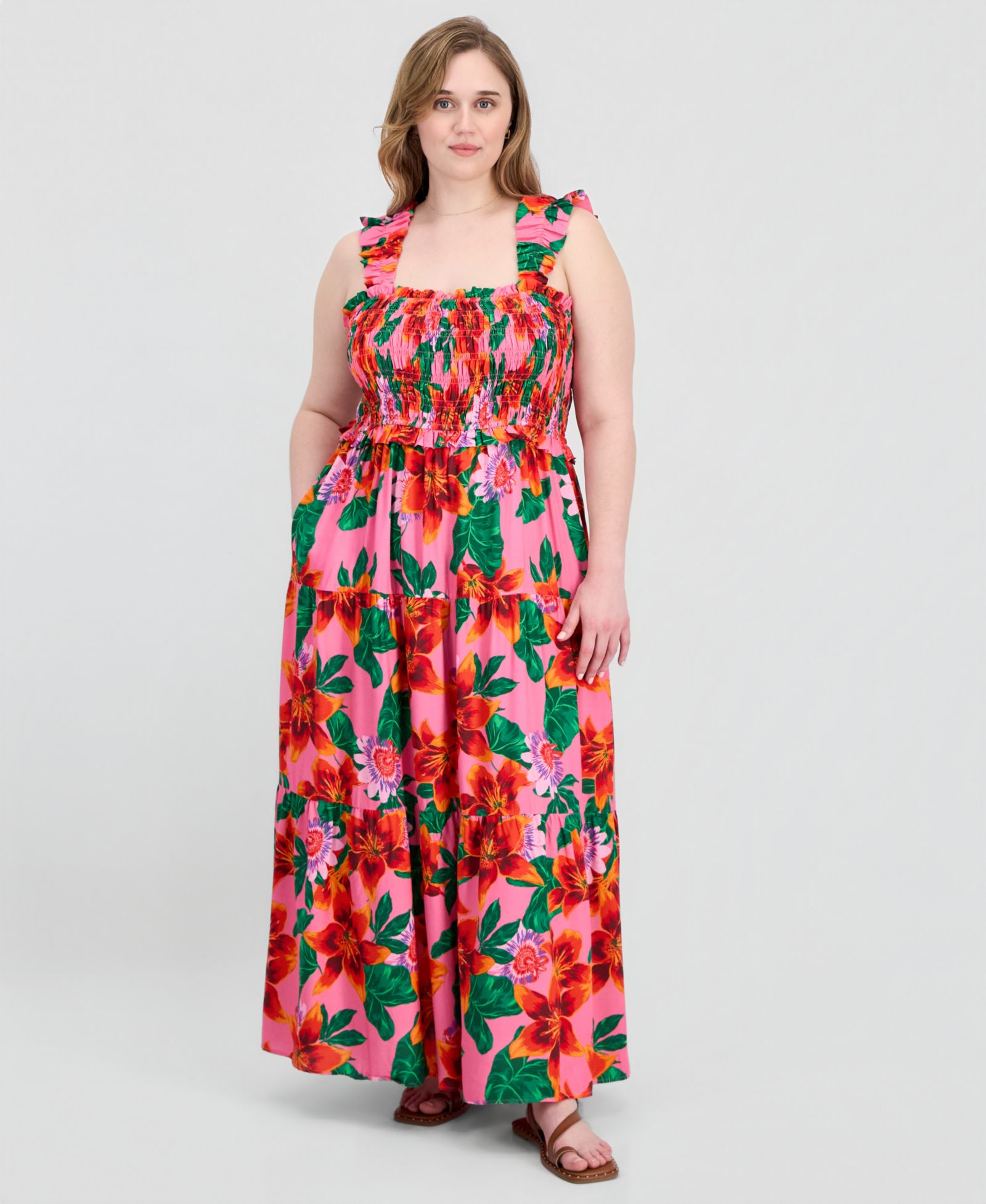 FULL CIRCLE TRENDS Plus Size Poof Strap Square Neck Rayon Dress