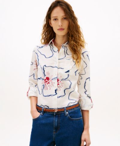 Женская рубашка Tommy Hilfiger Women's Long-Sleeve Linen Blend Collared Printed