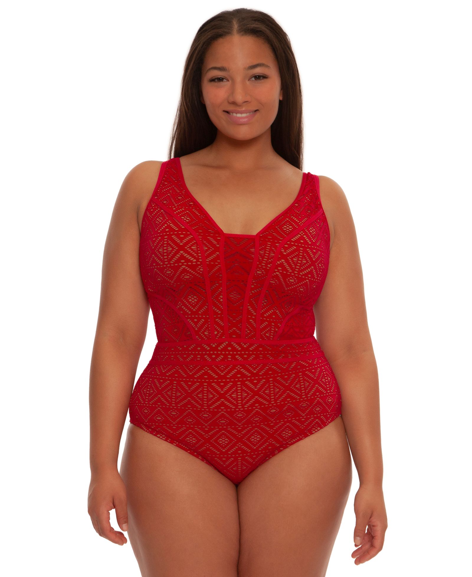 Becca ETC Plus Size Color Play Crochet Plunge One-Piece Swimsuit