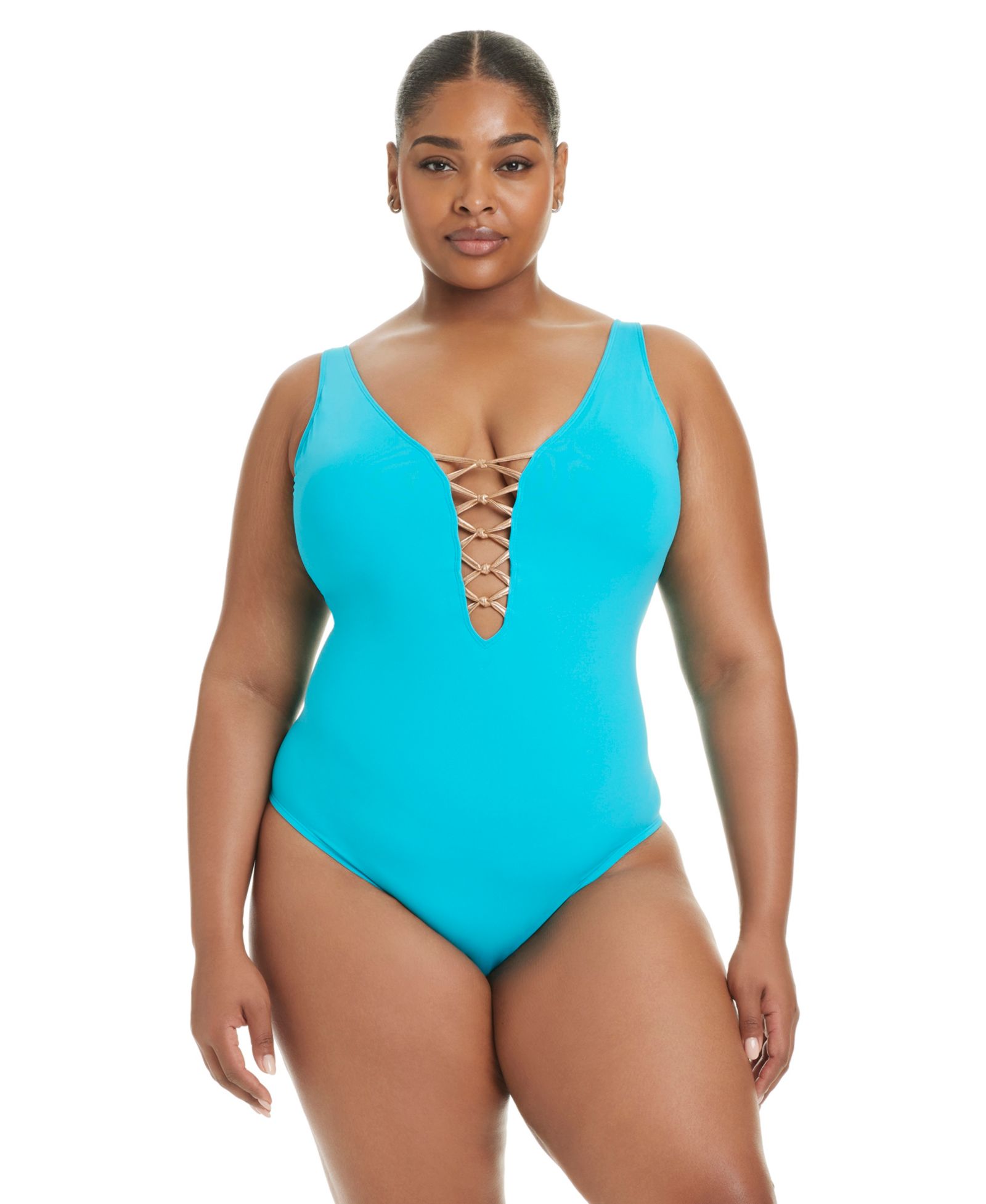 Bleu by Rod Beattie Plus Size Leys Get Knotty Lace-Down V-Neck One-Piece Swimsuit