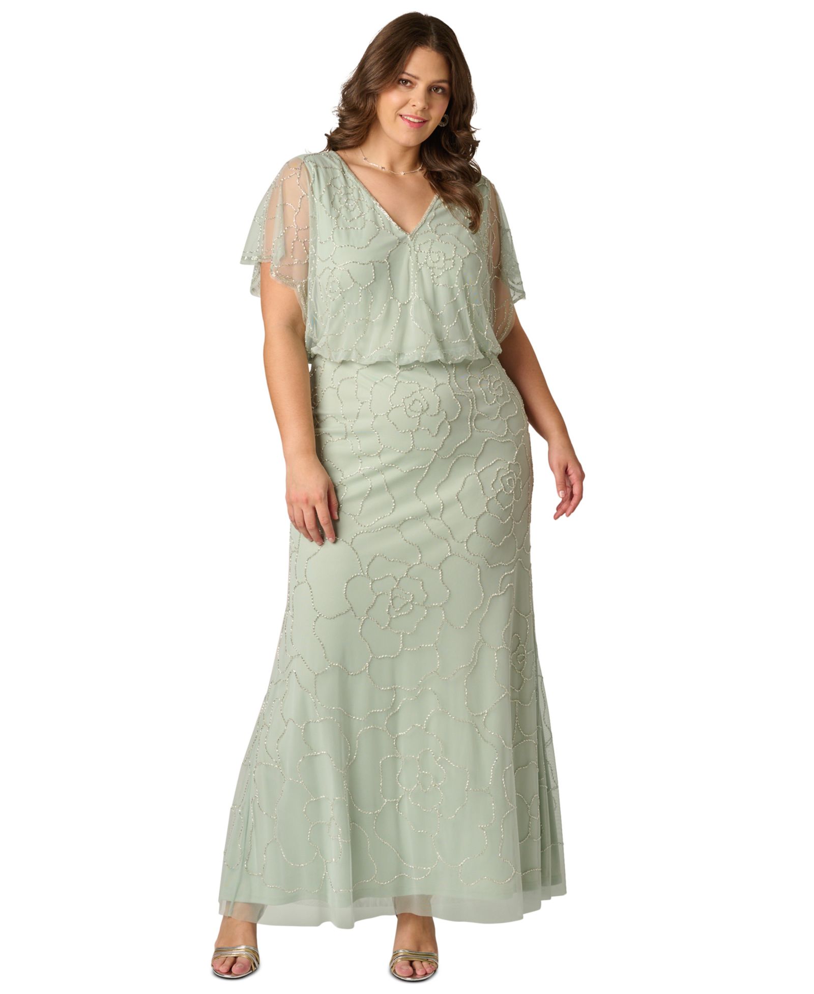 Вечернее бальное платье Plus Size с бисером и рукавами-буфами Adrianna Papell