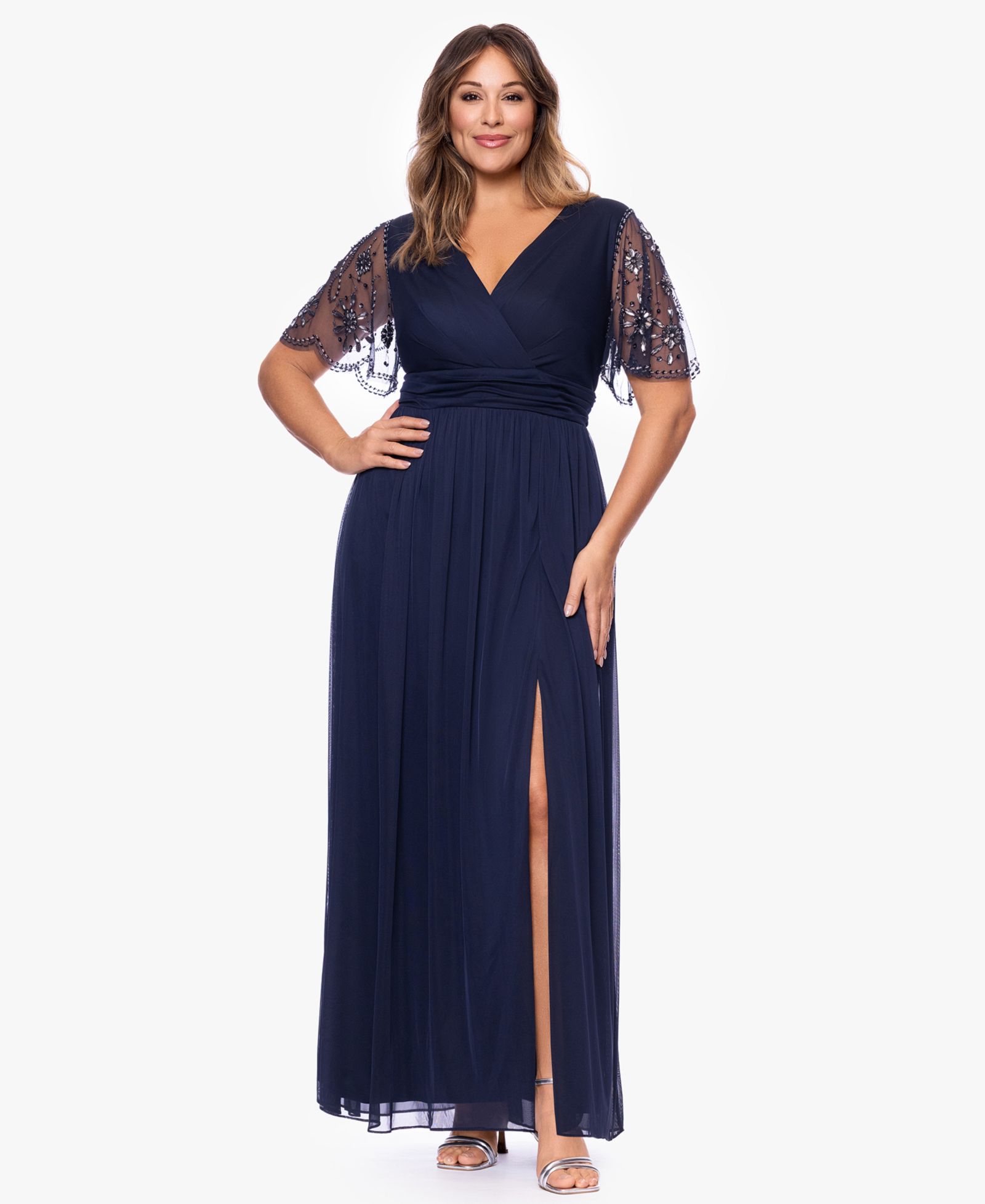 XSCAPE	 Plus Size Beaded Sleeve Slit Gown