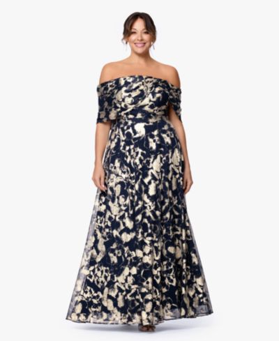 Betsy & Adam Plus Size Printed Off-The-Shoulder Ball Gown