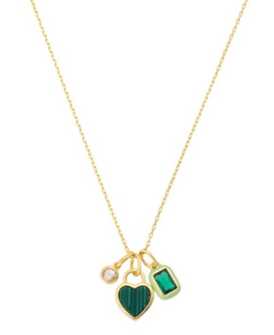 Unwritten Cubic Zirconia Gold-Tone Plated Malachite Stone Cluster Charm Necklace