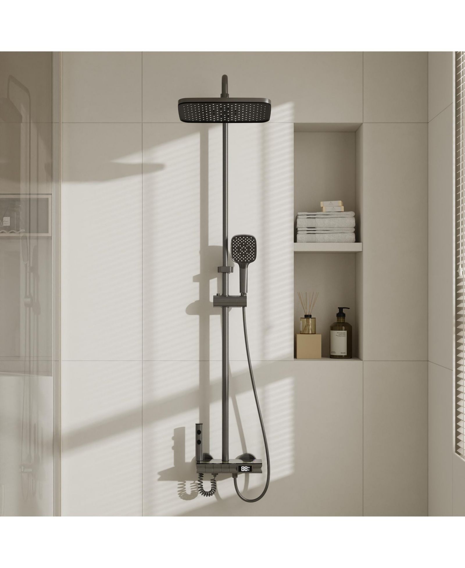 LALAHOO 3-Spray Shower Faucet 2.5 GPM with Button Control, LED Display, and 3-Mode Hand Shower